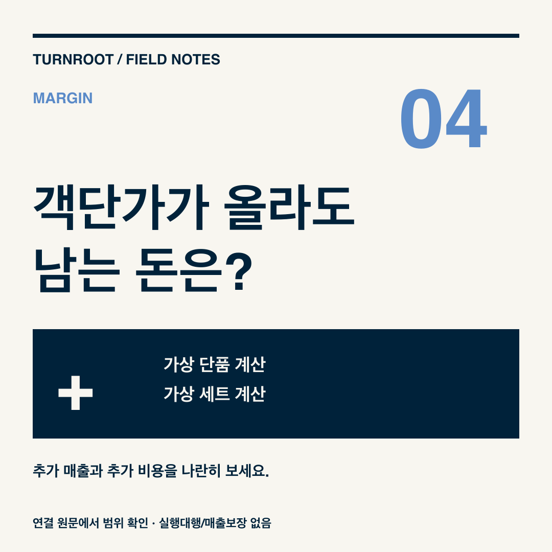 객단가가 올라도 남는 돈은? 추가 매출과 추가 비용을 나란히 비교하세요.