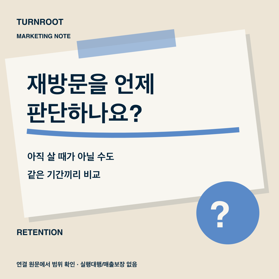 재방문을 언제 판단하나요? 재구매 간격을 고려하고 같은 관찰기간끼리 비교하세요.