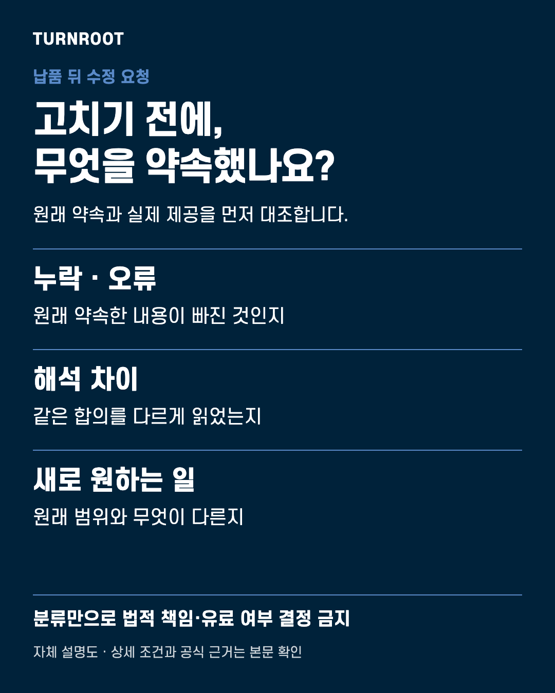 TURNROOT 자체 설명도. 고치기 전에, 무엇을 약속했나요? 누락 · 오류: 원래 약속한 내용이 빠진 것인지 / 해석 차이: 같은 합의를 다르게 읽었는지 / 새로 원하는 일: 원래 범위와 무엇이 다른지 실제 고객 서류나 거래금액을 보여주는 이미지가 아닙니다.